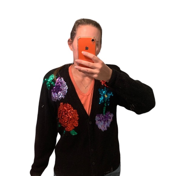 Vintage Work in Progress Large Cardigan Floral Sequin  silk angora wool blend - Picture 7 of 7